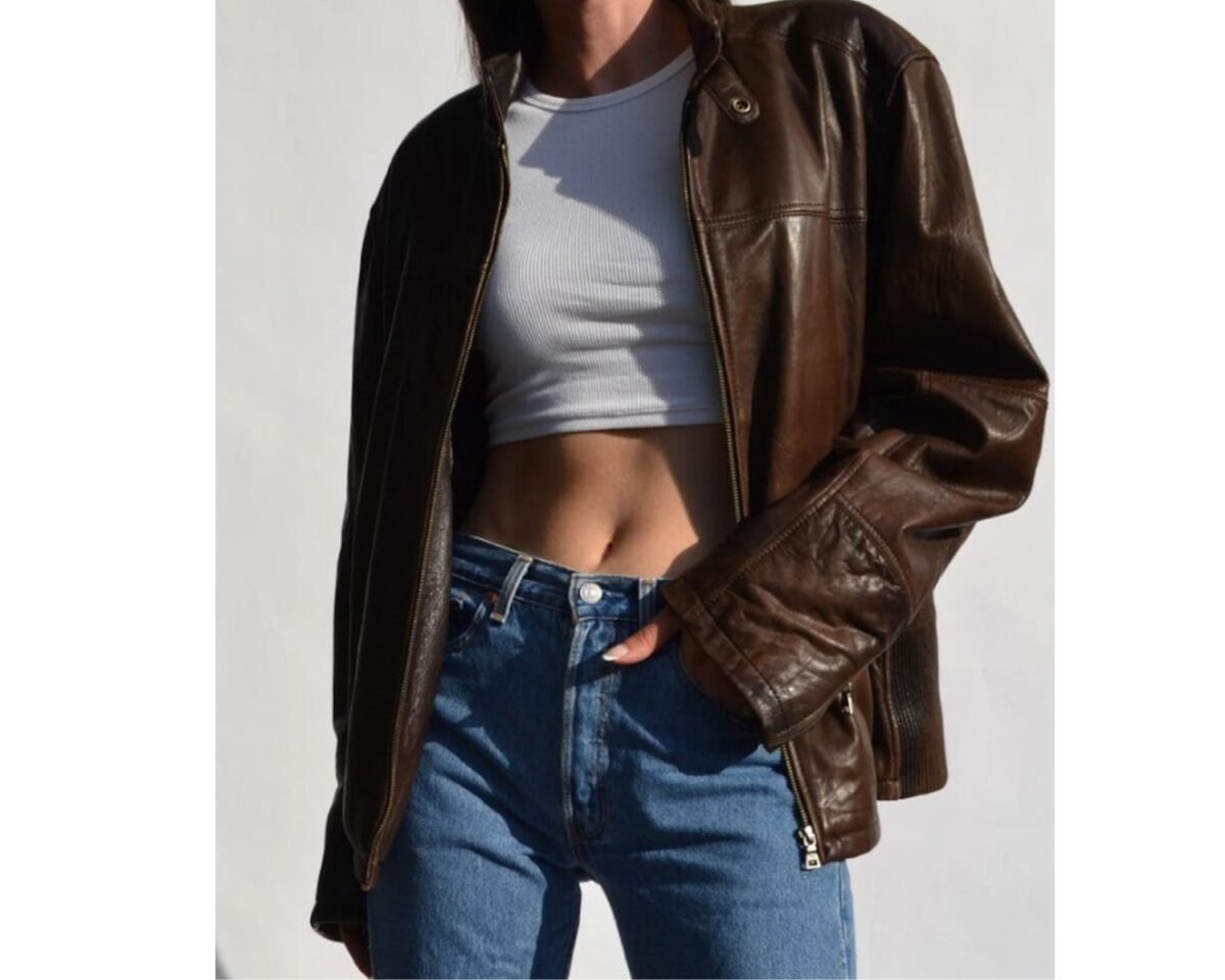 Women oversize 90's fashion bomber brown motorcycle leather jacket