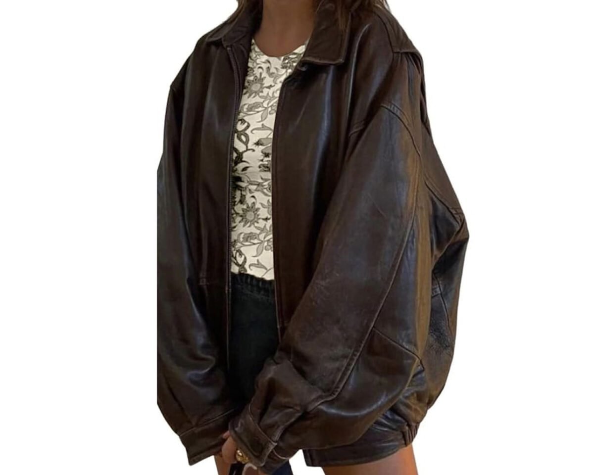 90’s women’s vintage straight bomber brown oversized y2k leather jacket