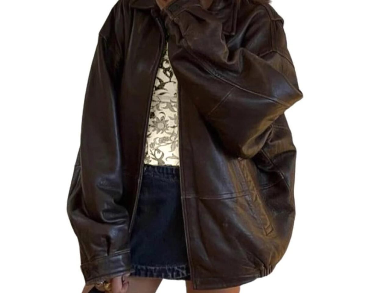 90’s women’s vintage straight bomber brown oversized y2k leather jacket