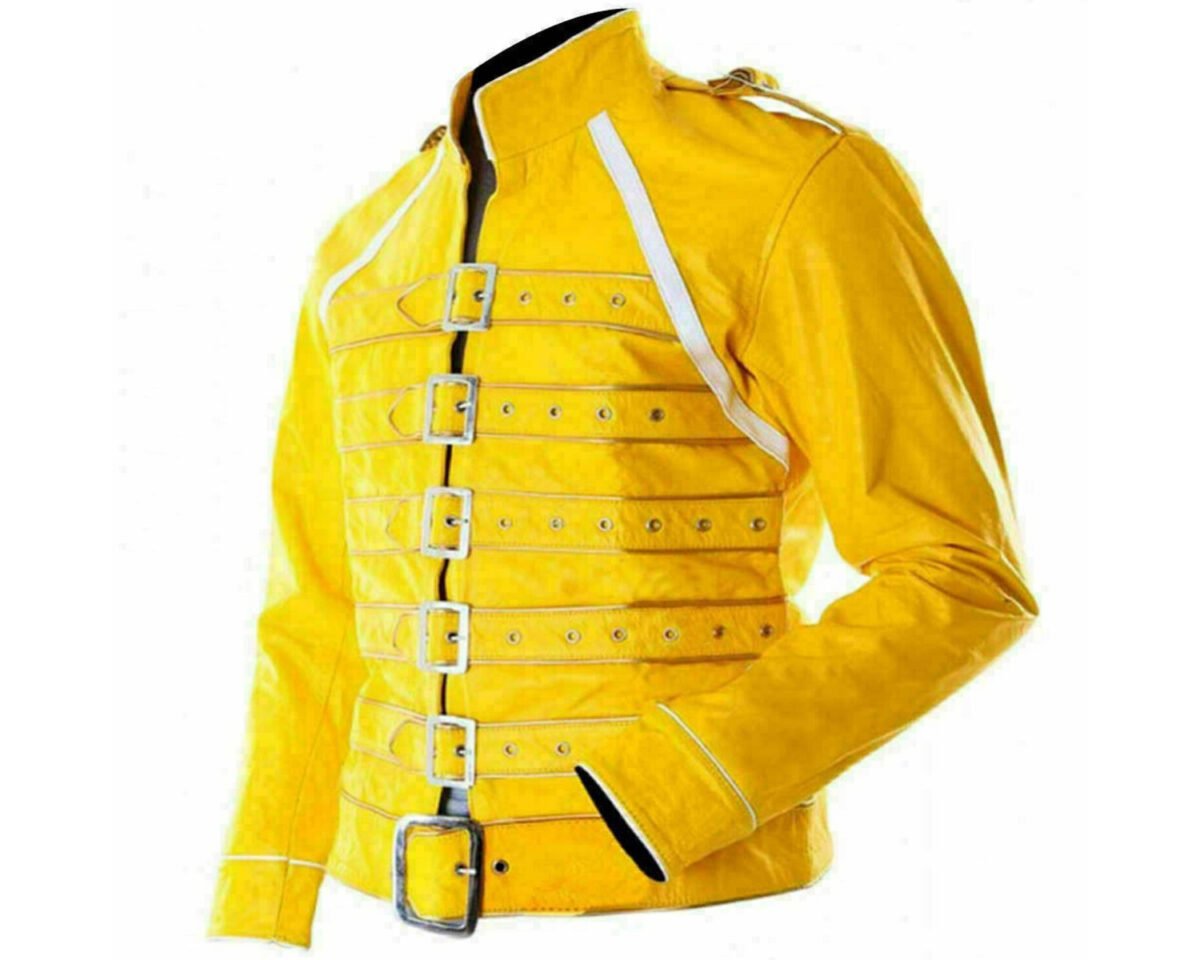 Freddie mercury wembley queen concert belted motorcycle biker yellow real leather halloween jacket for men women 3 scaled