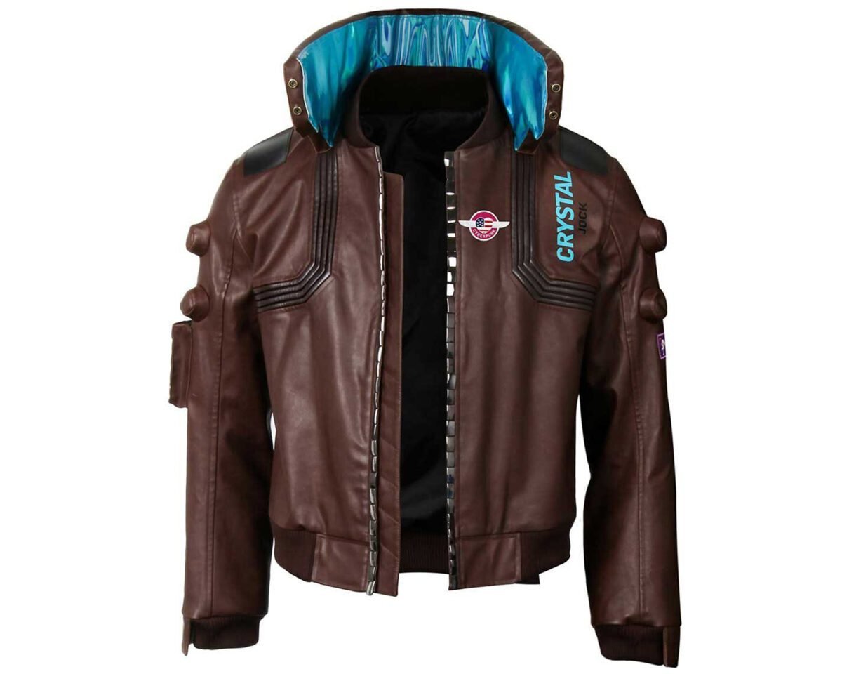 Handmade brown gaming cosplay costume halloween neon collar bomber leather jacket for men and women 2 scaled