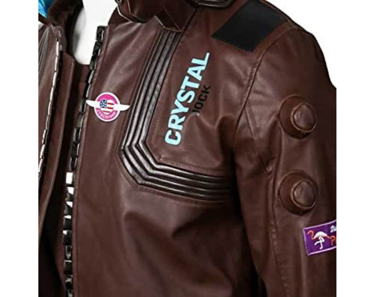 Handmade brown gaming cosplay costume halloween neon collar bomber leather jacket for men and women 5 scaled