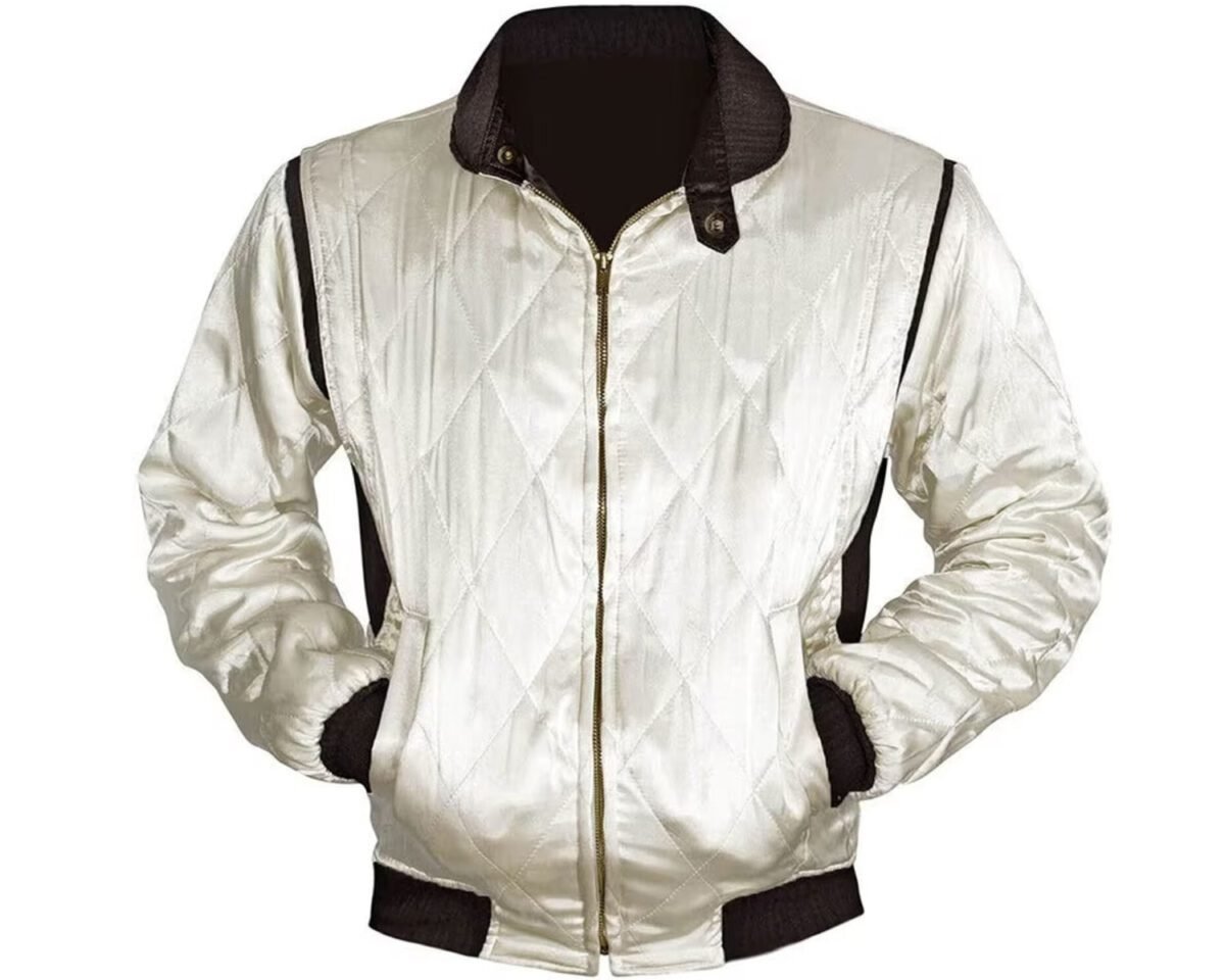 Handmade ryan gosling drive scorpion retro style white satin bomber varsity sports biker drive jacket 2 scaled