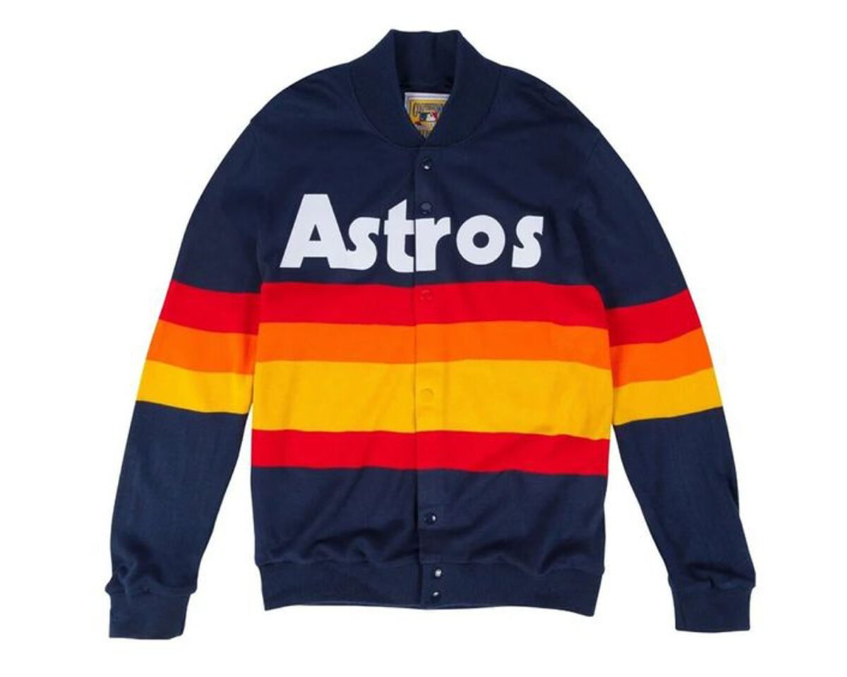 Kate upton houston astro 1986 rainbow stripes baseball varsity bomber sports blue fleece sweater jacket 1 scaled