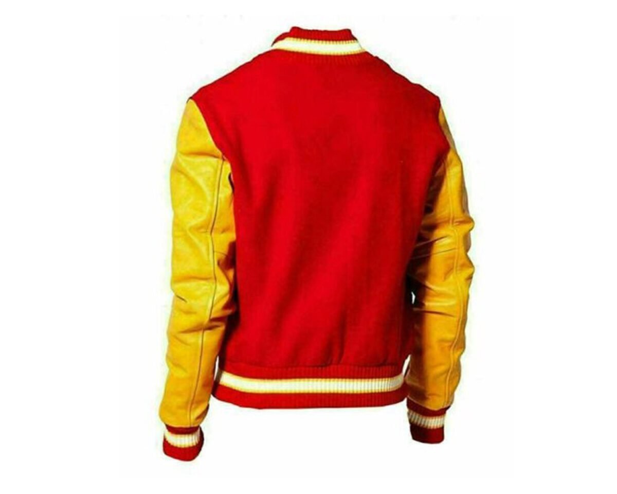 Mj thriller bomber varsity letterman faux leather sleeves red wool jacket for men and women 3 scaled