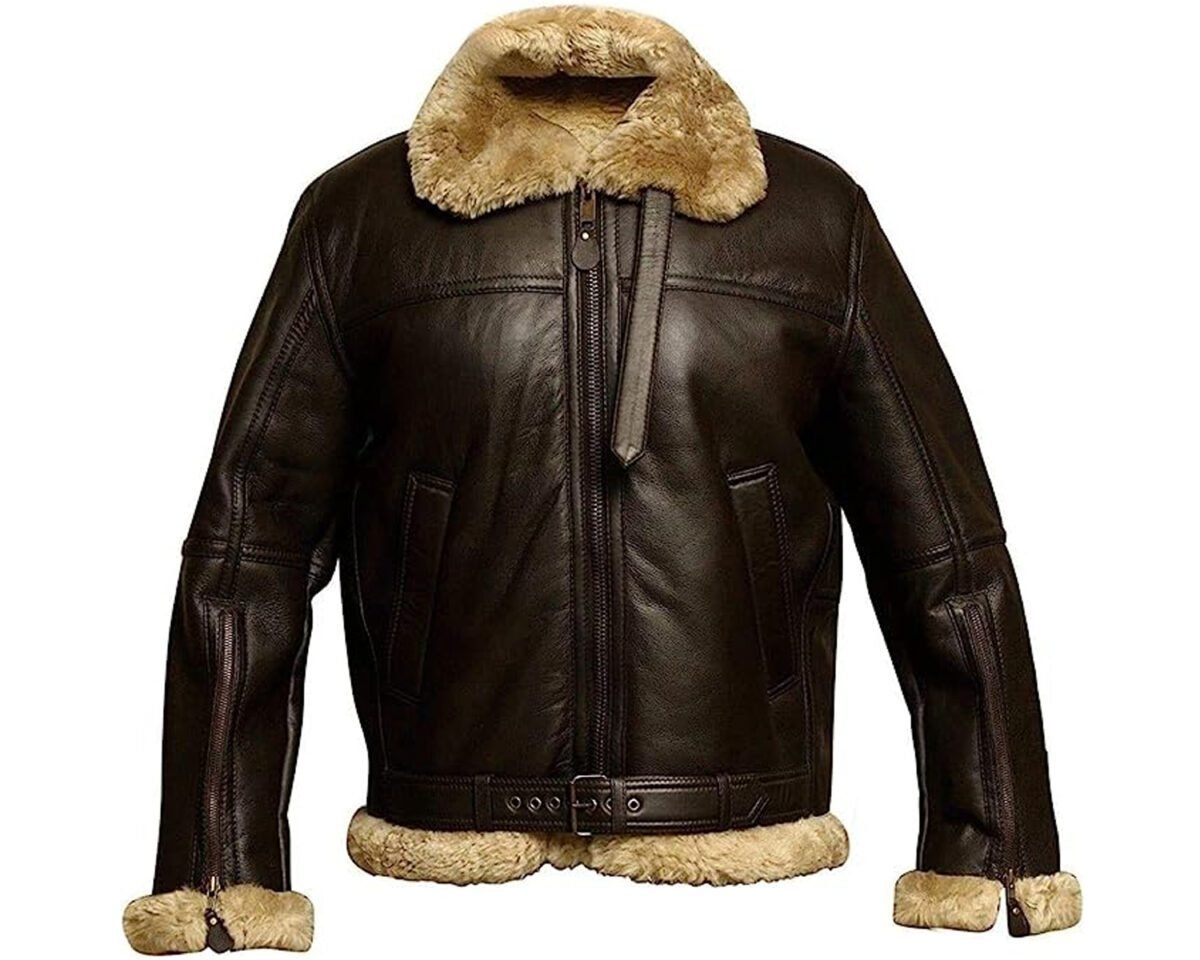 Mens handmade b3 bomber raf aviator flying pilot ww2 faux fur real sheepskin brown leather jacket 3 scaled