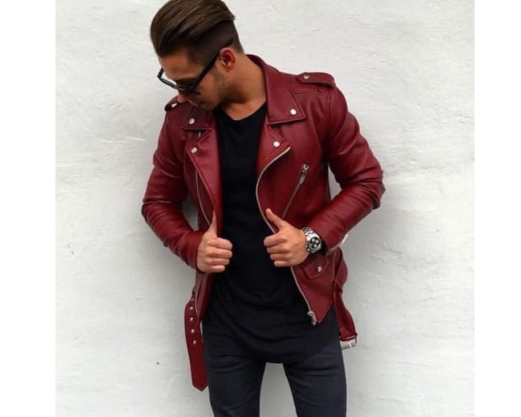 Men's Slim Fit Café Racer Belted Motorcycle Red Leather Jacket