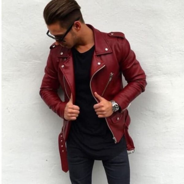 Men's Slim Fit Café Racer Belted Motorcycle Red Leather Jacket