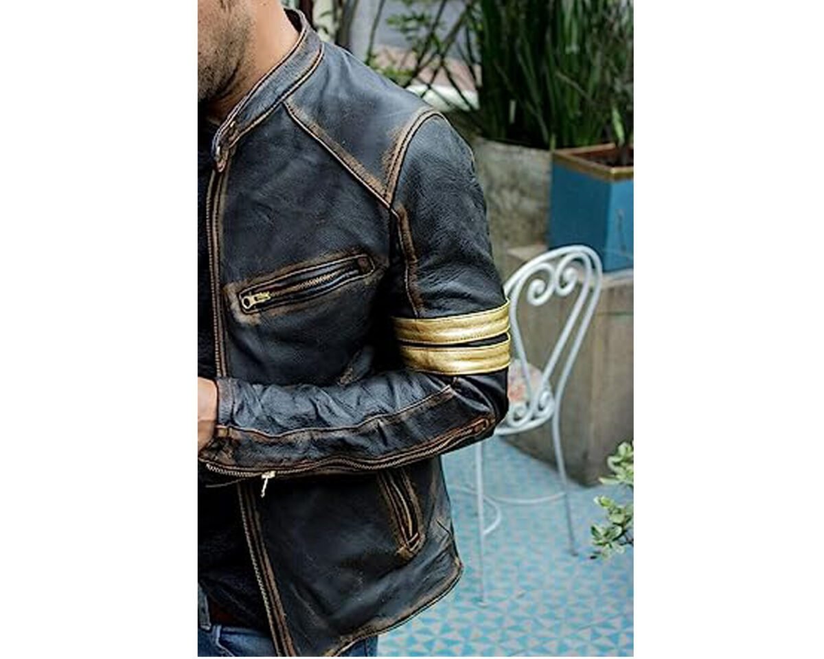 Men's motorcycle distressed leather golden stripes jacket