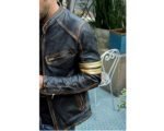 Men's Motorcycle Distressed Leather Golden Stripes Jacket