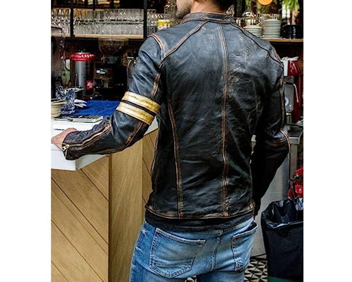 Mens handmade cafe racer slim fit vintage motorcycle distressed golden stripes black leather jacket 3 scaled