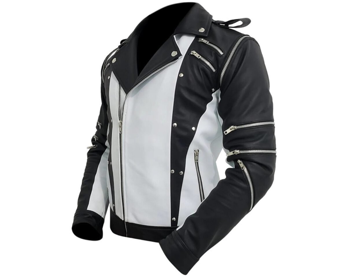 Mens handmade mj thriller motorcycle biker punk style black and white leather jacket 3 scaled