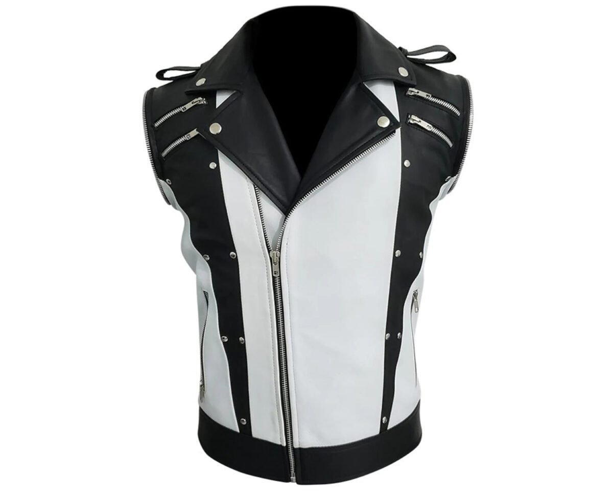 Mens handmade mj thriller motorcycle biker punk style black and white leather jacket 4 scaled