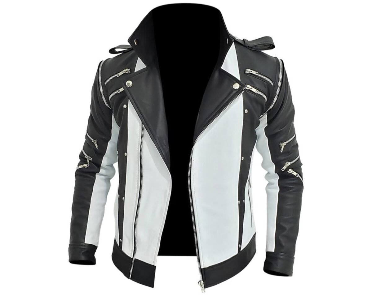 Mens handmade mj thriller motorcycle biker punk style black and white leather jacket 6 scaled