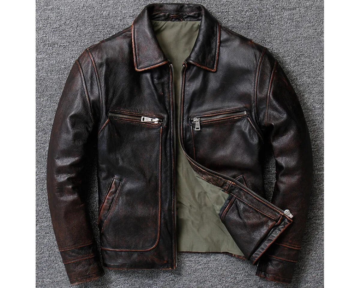 Men's slim fit distressed leather vintage style radish brown jacket