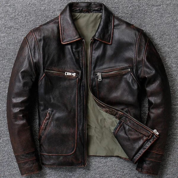 Men's Slim Fit Distressed Leather Vintage Style Radish Brown Jacket