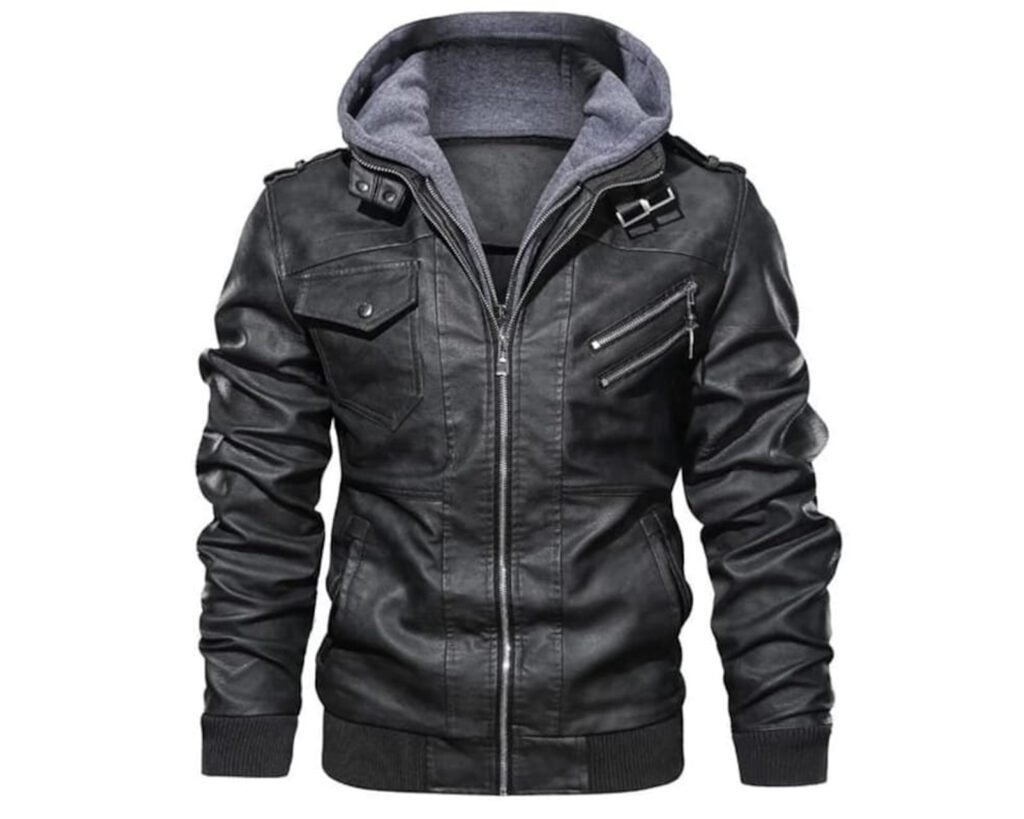 Men’s Vintage Removeable Hood Motorcycle Distressed Leather Jacket