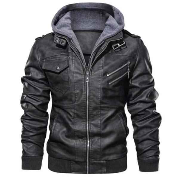 Men’s Vintage Removeable Hood Motorcycle Distressed Leather Jacket