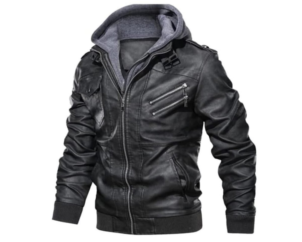 Men’s vintage removeable hood motorcycle distressed leather jacket