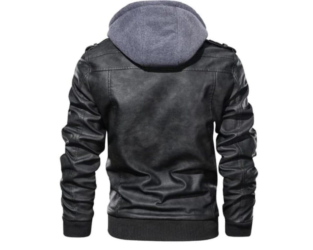 Men’s vintage removeable hood motorcycle distressed leather jacket