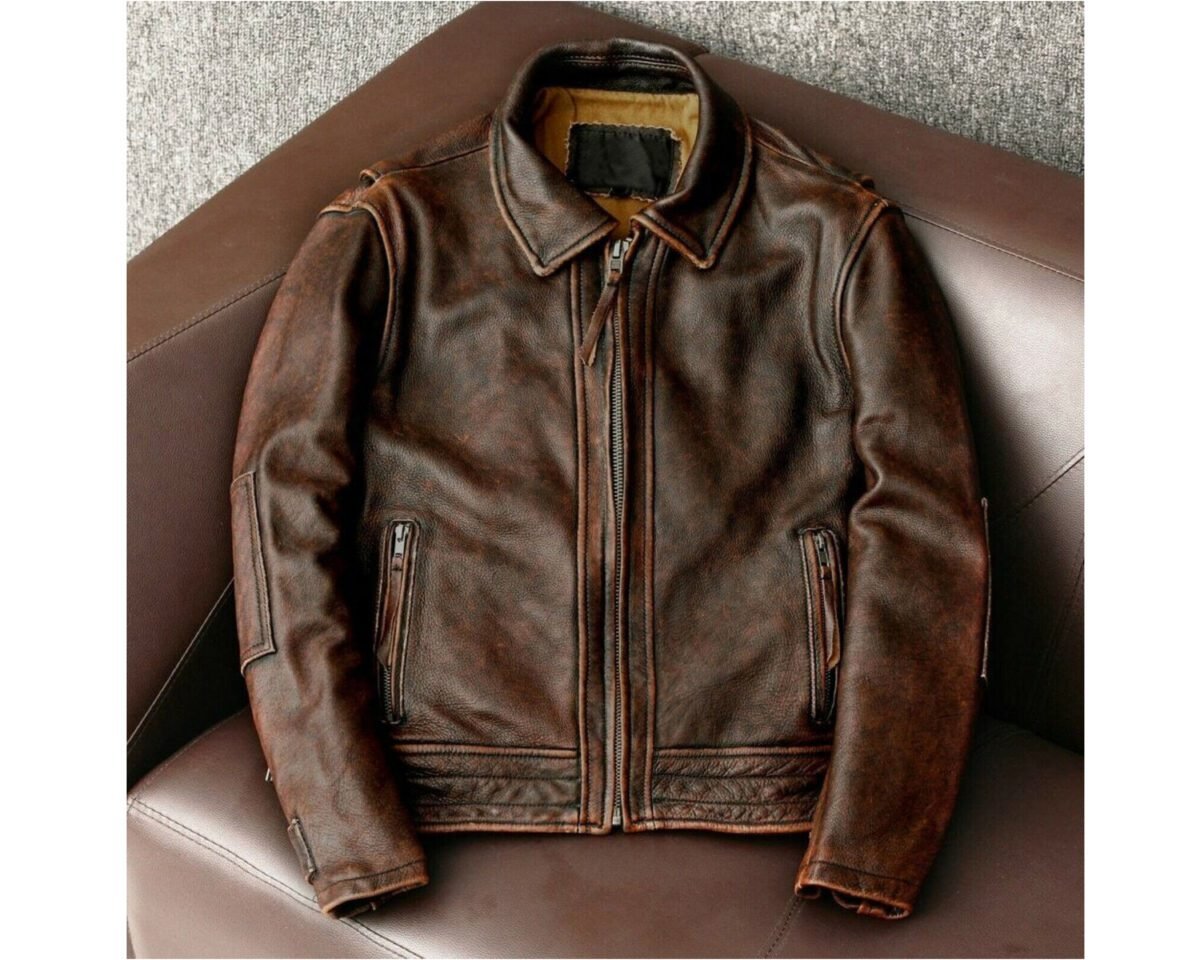 Men’s vintage cafe racer biker distressed waxed brown cowhide leather jacket