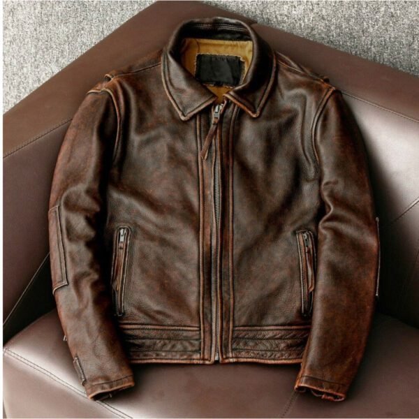 Men’s Vintage Cafe Racer Biker Distressed Waxed Brown Cowhide Leather Jacket