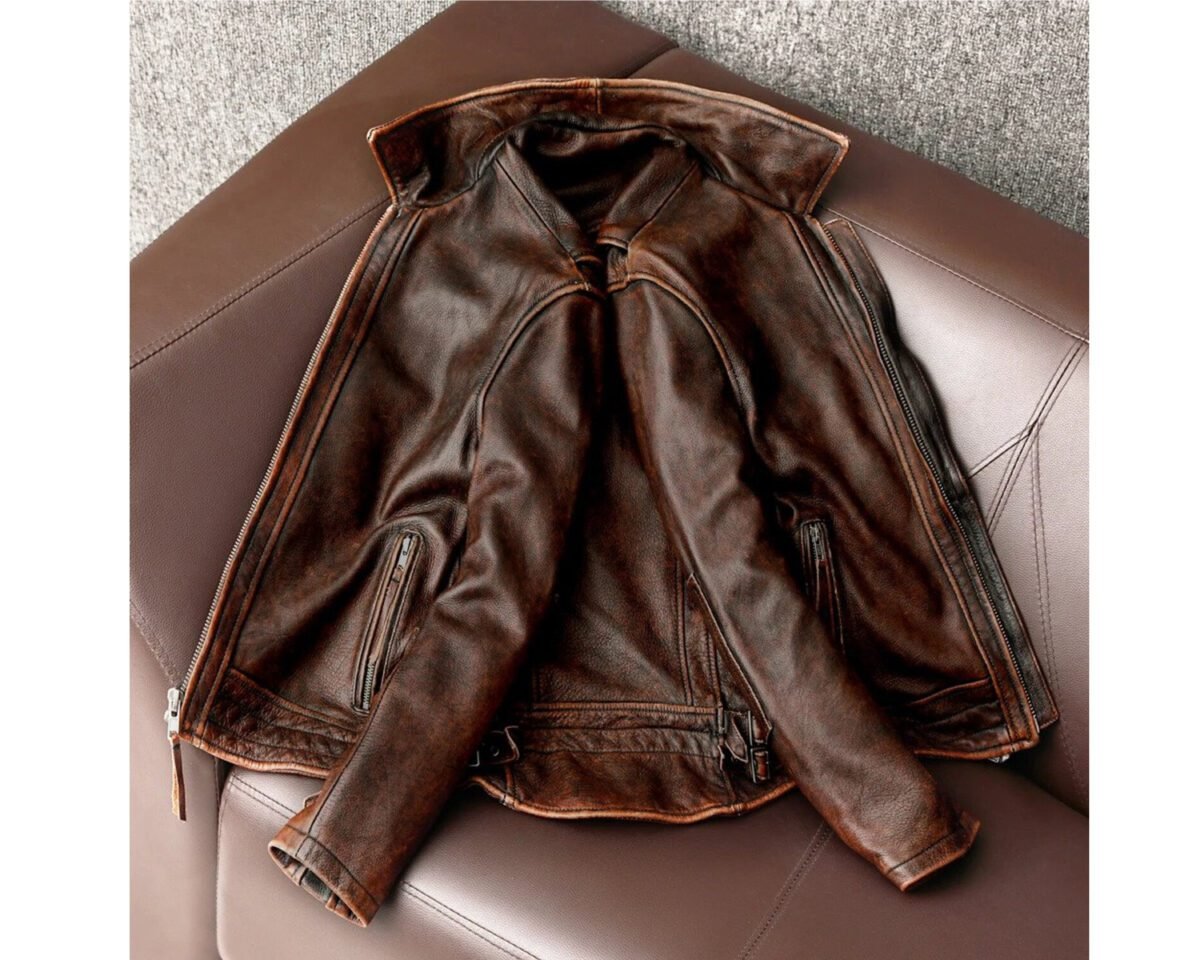 Mens motorcycle vintage cafe racer biker distressed waxed brown cowhide leather jacket 4 scaled