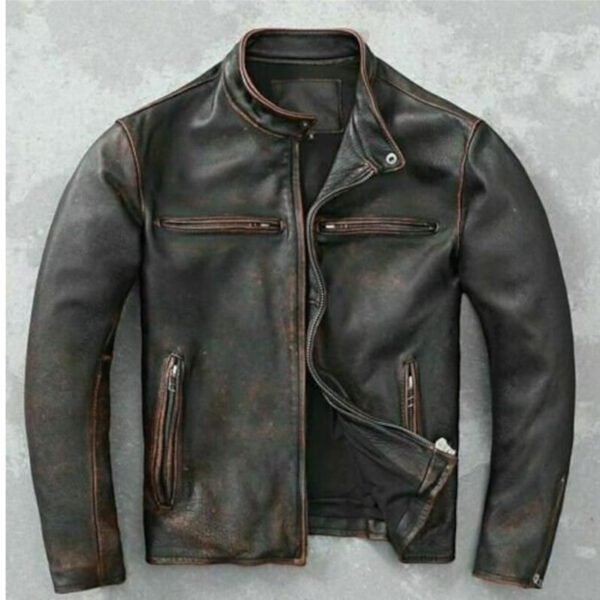 Men’s Vintage Style Café Racer Biker Distressed Black Jacket