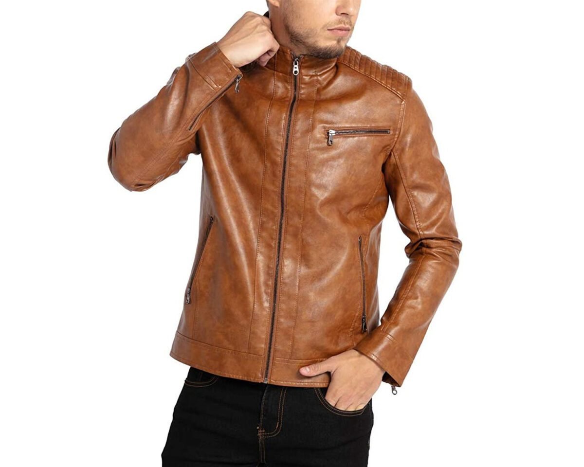 Mens stand up collar cafe racer motorcycle biker lightweight brown real leather jacket 4 scaled