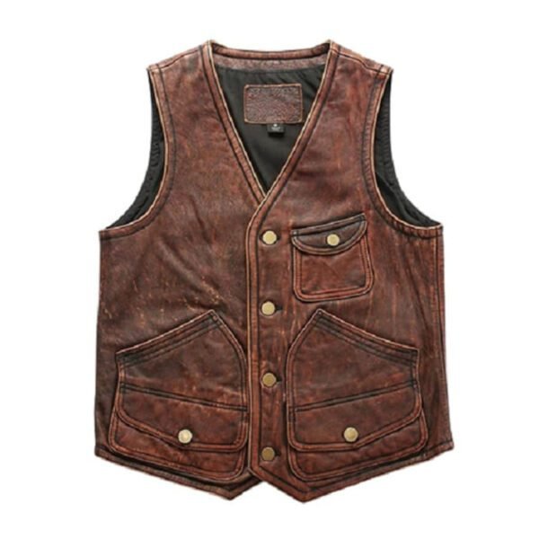 Men’s Vintage Café Racer Motorcycle Distressed Tan Brown Leather Vest