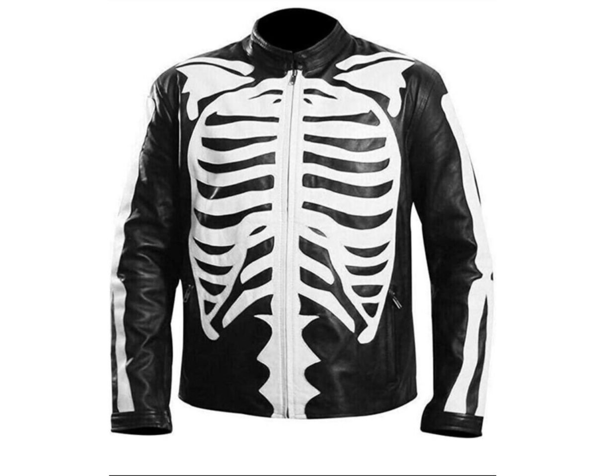 Skeleton bones café racer motorcycle black leather jacket