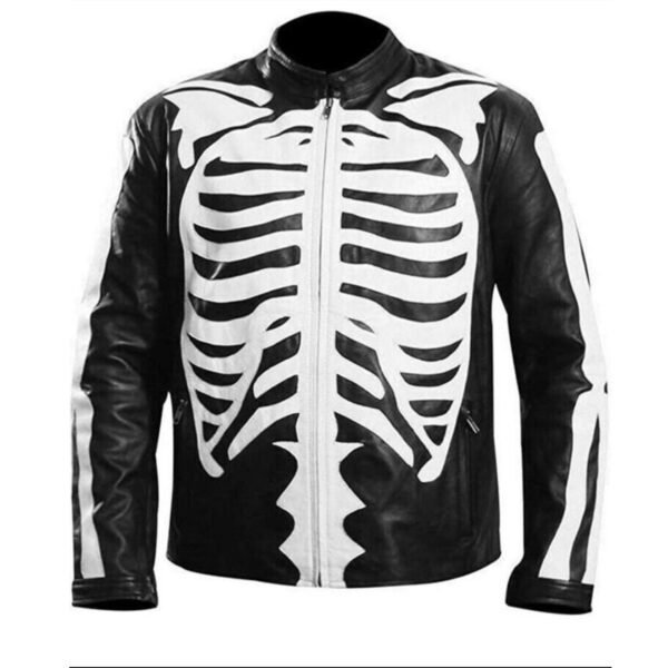 Skeleton Bones Café Racer Motorcycle Black Leather Jacket