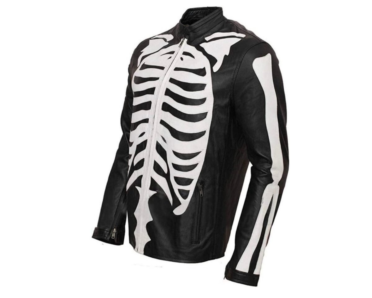 Skeleton bones café racer motorcycle black leather jacket