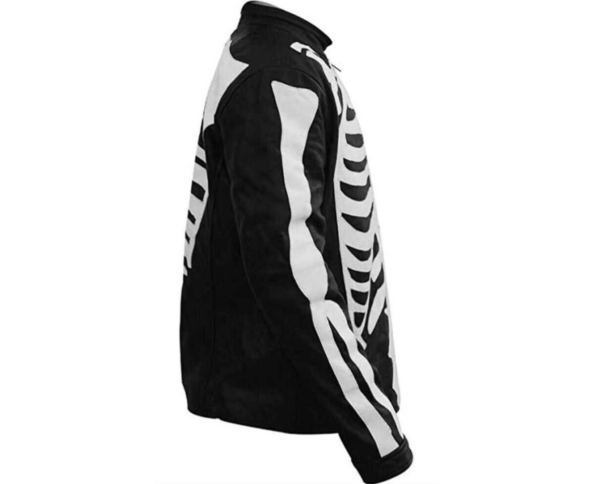 Mens white skeleton bones cafe racer motorcycle biker special halloween cosplay black leather jacket 3 scaled