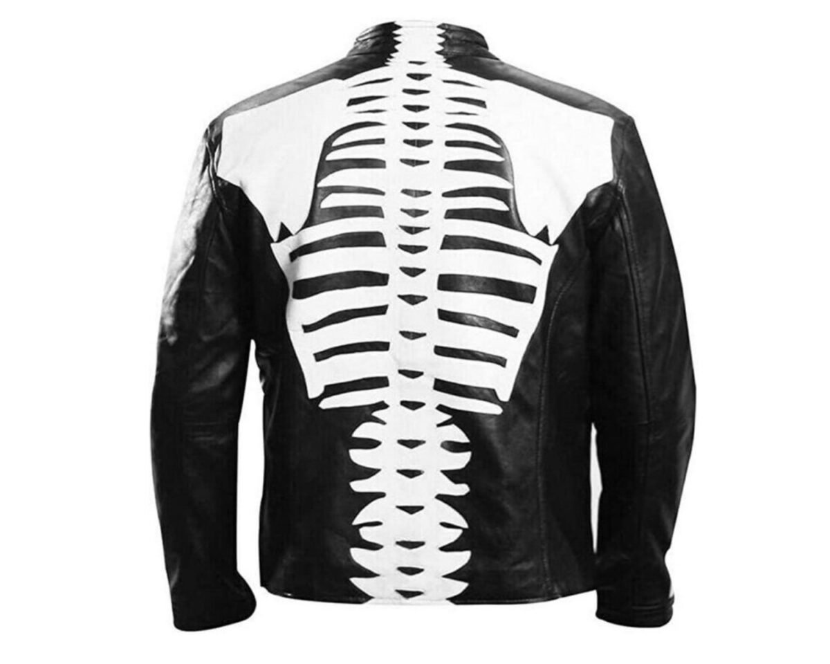 Mens white skeleton bones cafe racer motorcycle biker special halloween cosplay black leather jacket 4 scaled