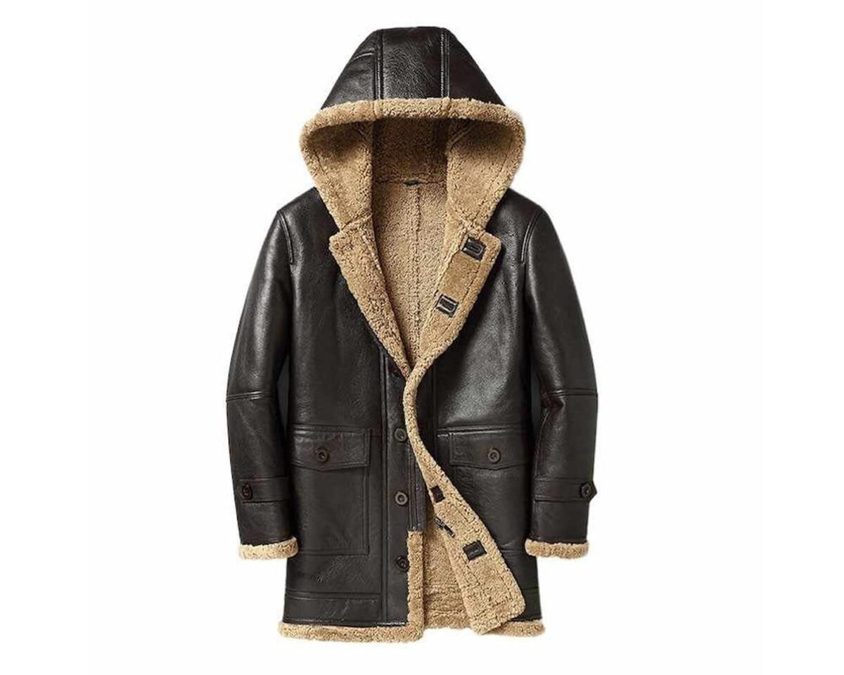 B3 shearling jacket - winter leather long hooded coat