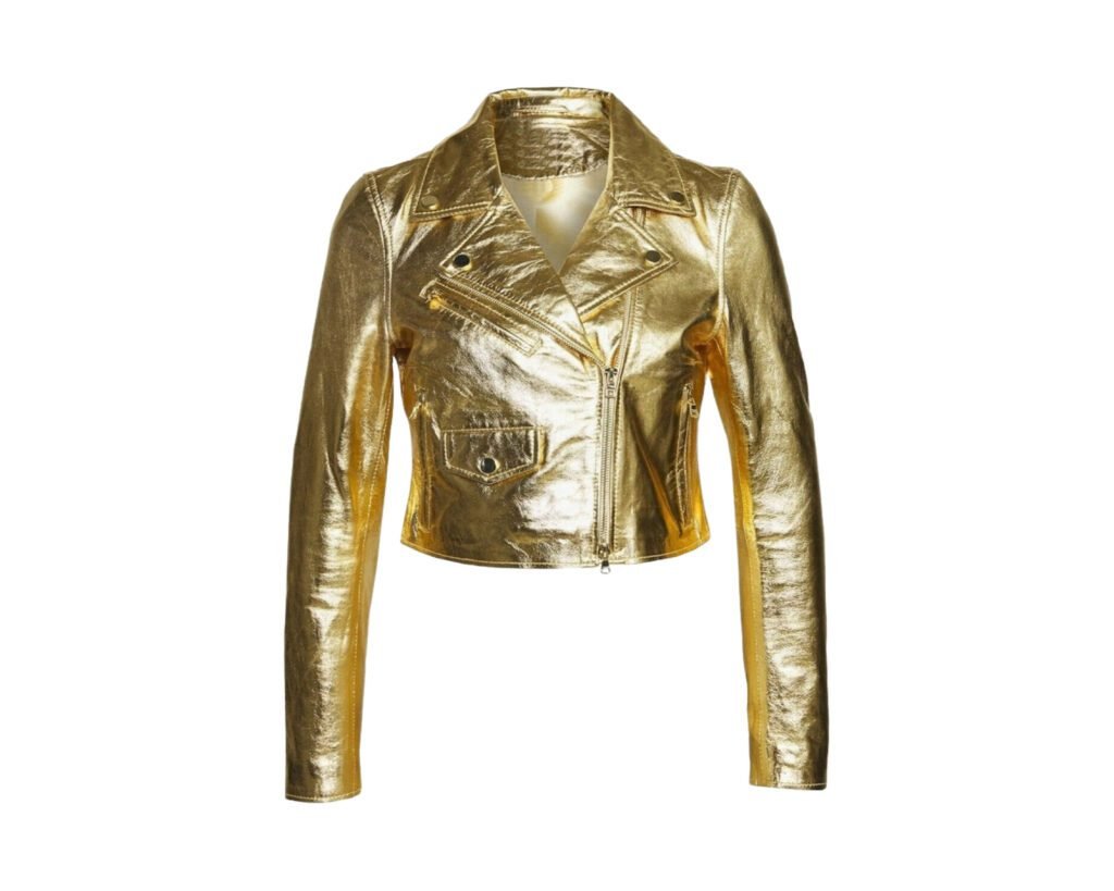 Women’s Brando Metallic Foil Golden Slim-fit Cropped Leather Jacket