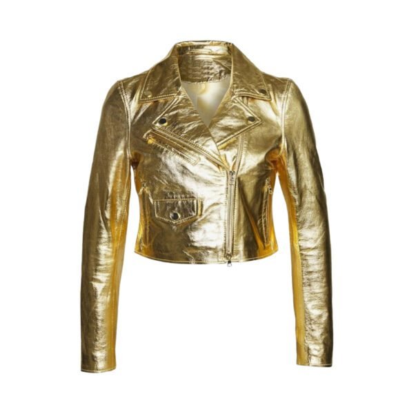 Women’s Brando Metallic Foil Golden Slim-fit Cropped Leather Jacket