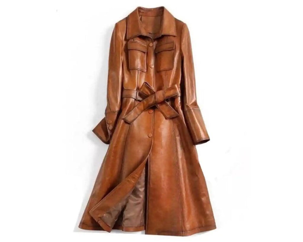 Italian Style Coat - Women Winter Wax Tan Leather Trench Coat