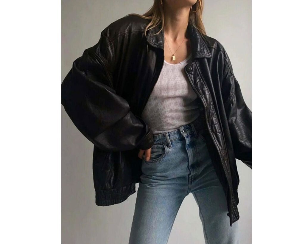 90’s Women Fashion Vintage Oversized Bomber Leather Jacket