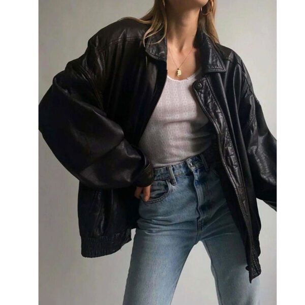 90’s Women Fashion Vintage Oversized Bomber Leather Jacket