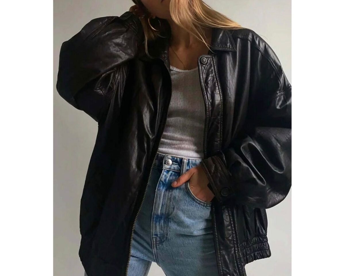 90s women fashion retro vintage oversized casual wear black bomber real leather jacket 2 scaled