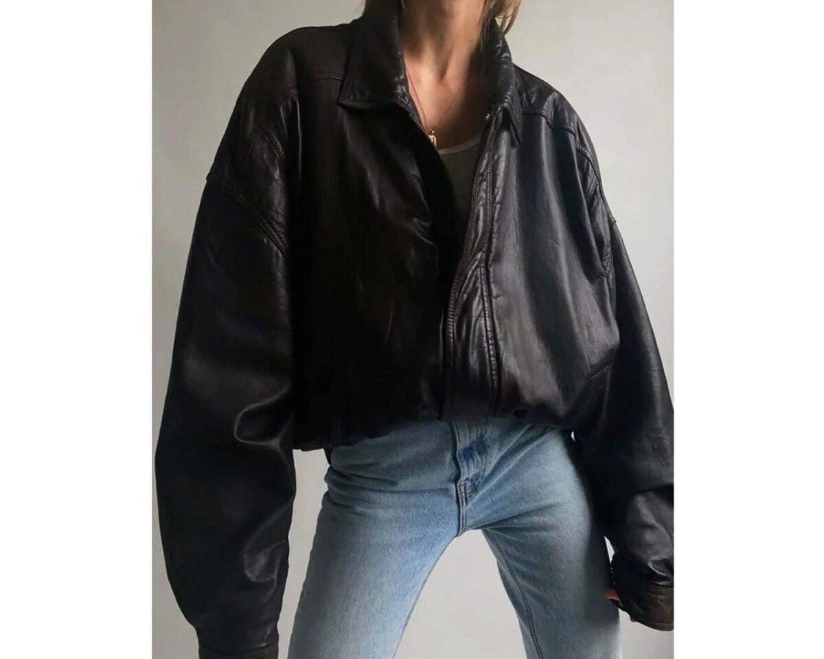 90s women fashion retro vintage oversized casual wear black bomber real leather jacket 3 scaled