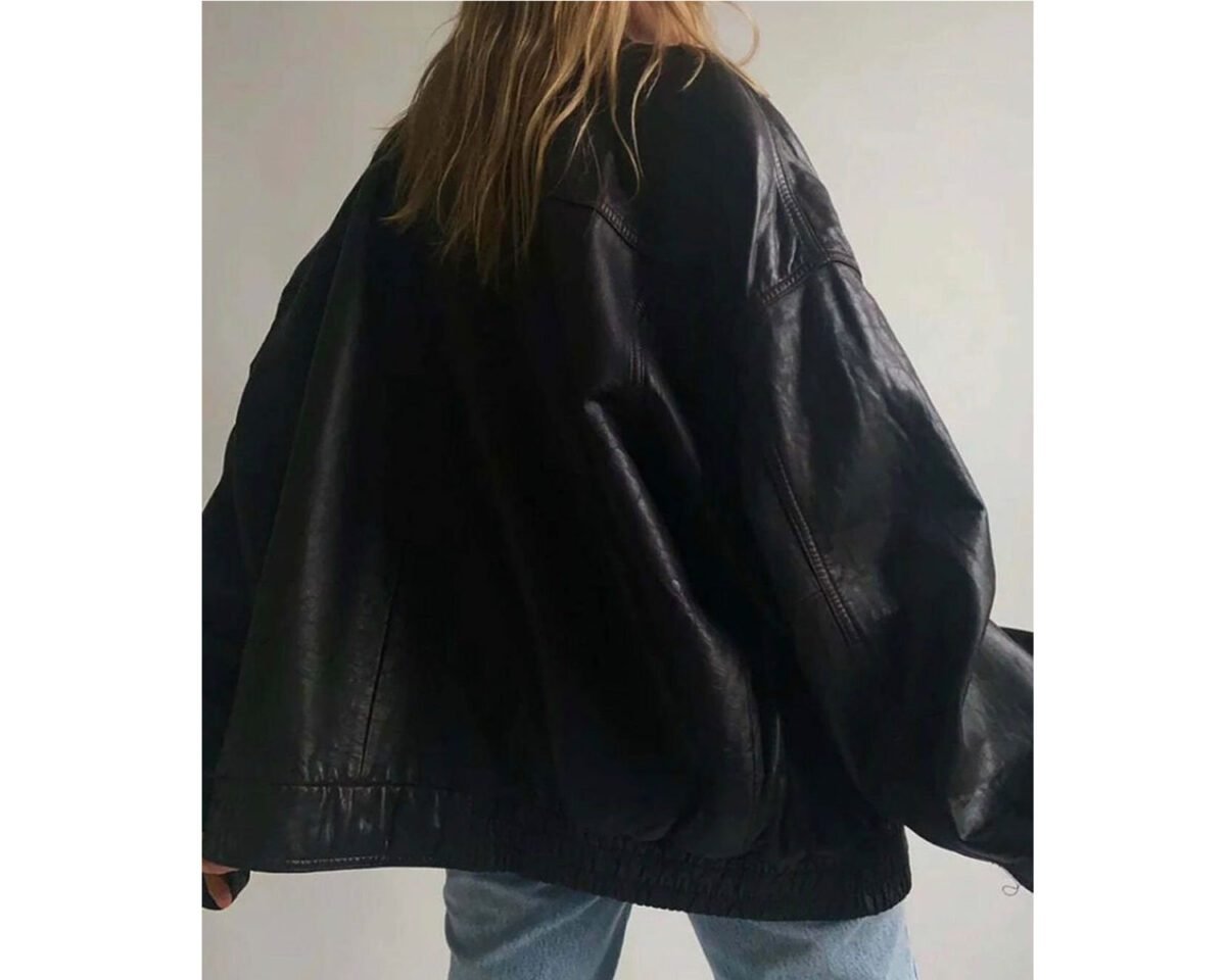 90s women fashion retro vintage oversized casual wear black bomber real leather jacket 4 scaled