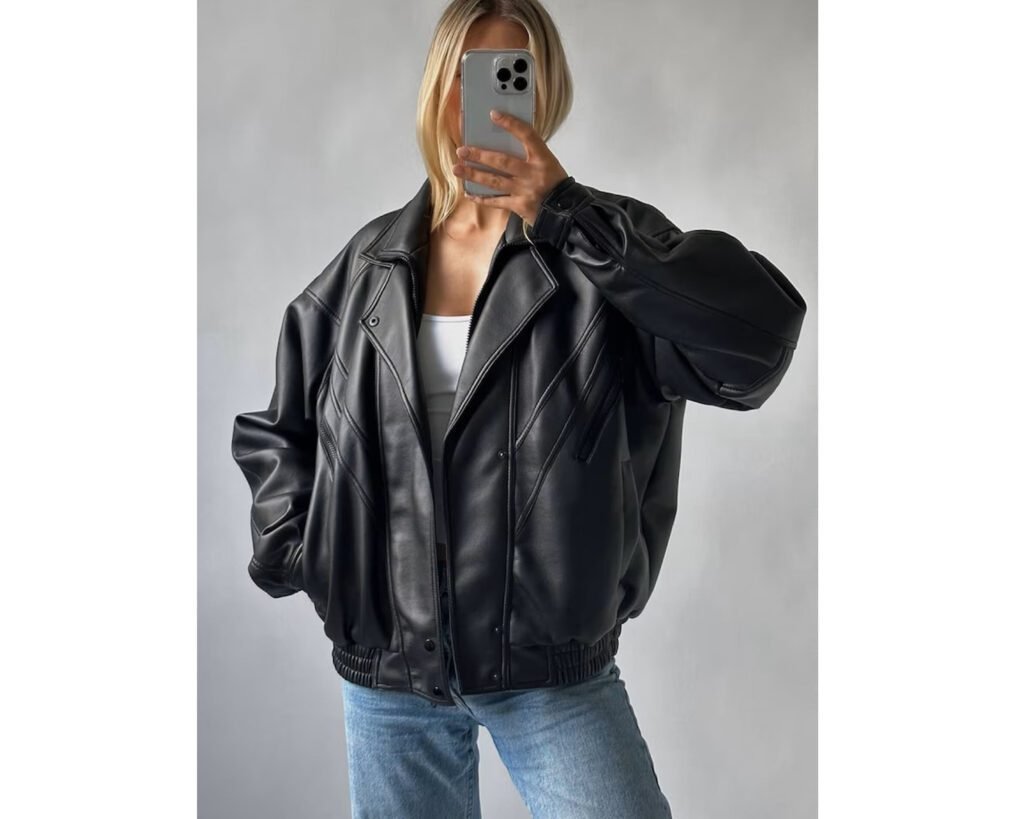 90’s Women Retro Vintage Oversized Classic Bomber Black Leather Jacket