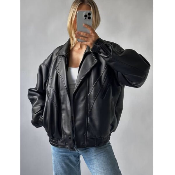 90’s Women Retro Vintage Oversized Classic Bomber Black Leather Jacket