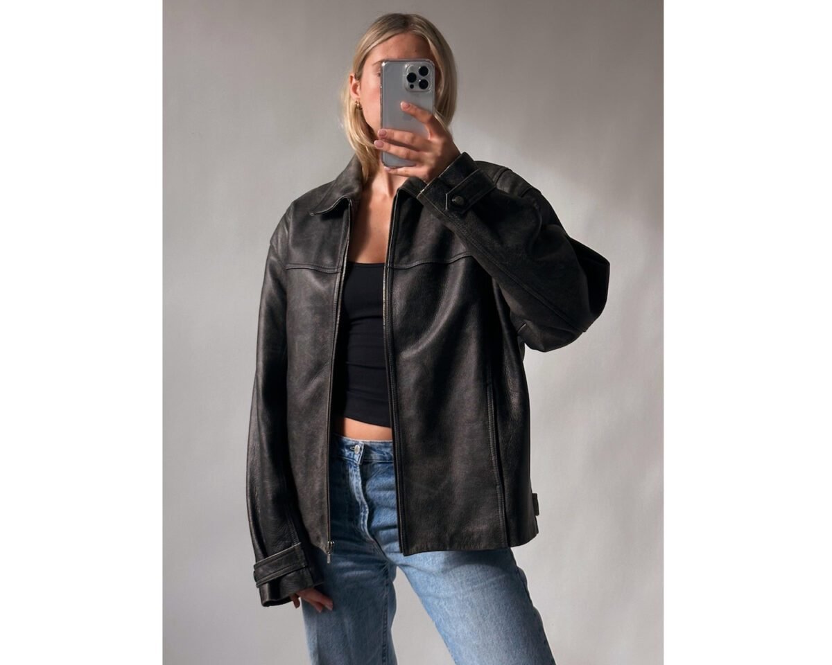 90’s women retro vintage style oversized straight leather jacket