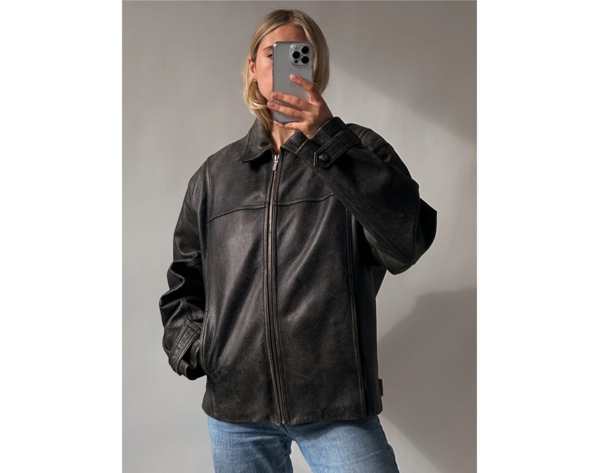 90s womens retro vintage style oversized straight black real leather jacket 2 scaled