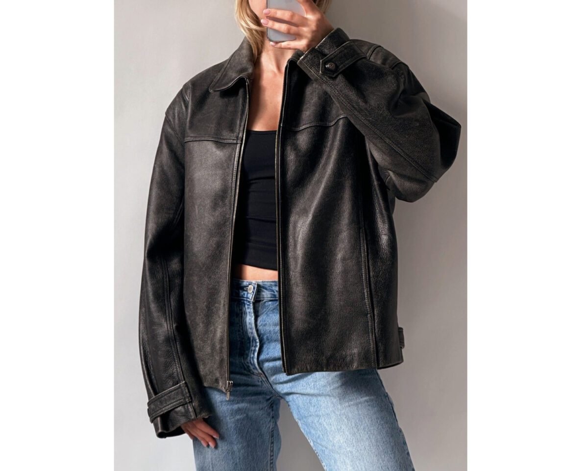 90s womens retro vintage style oversized straight black real leather jacket 3 scaled