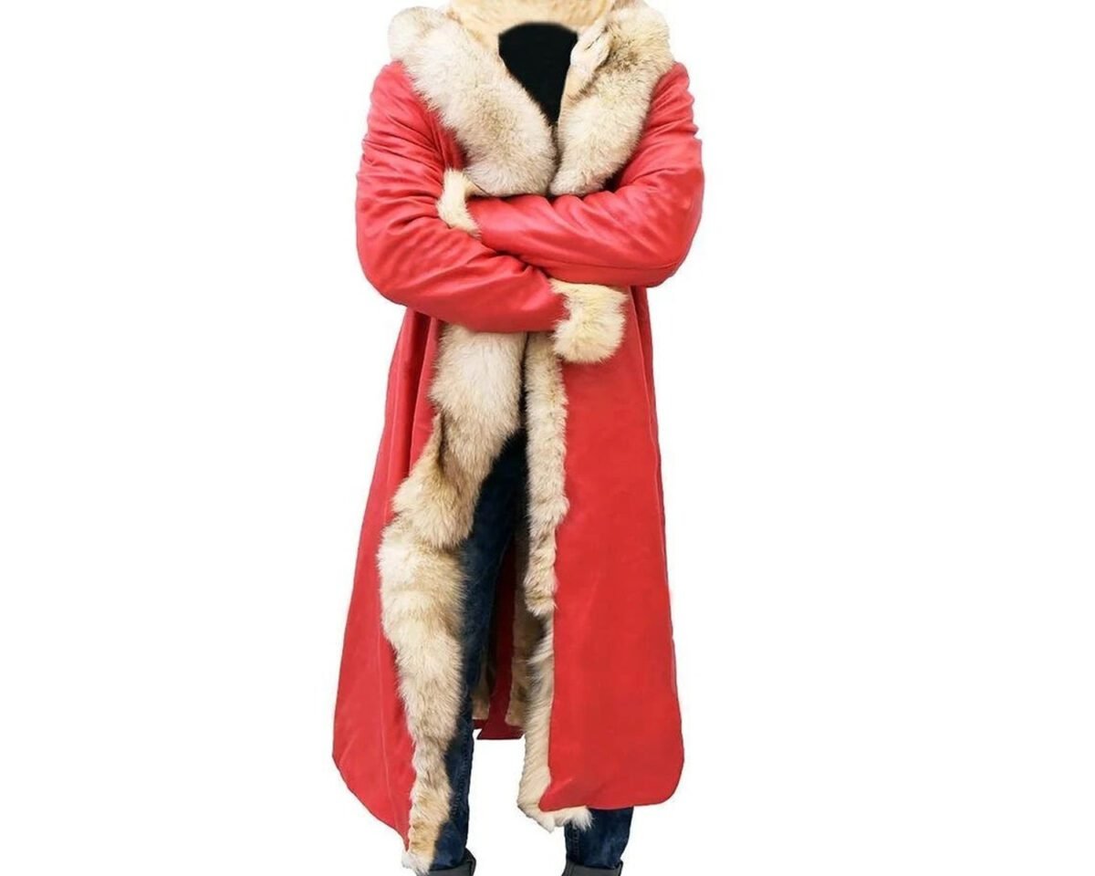 Handmade christmas chronicles santa claus faux fur shearling winter red leather long trench coat 2 scaled